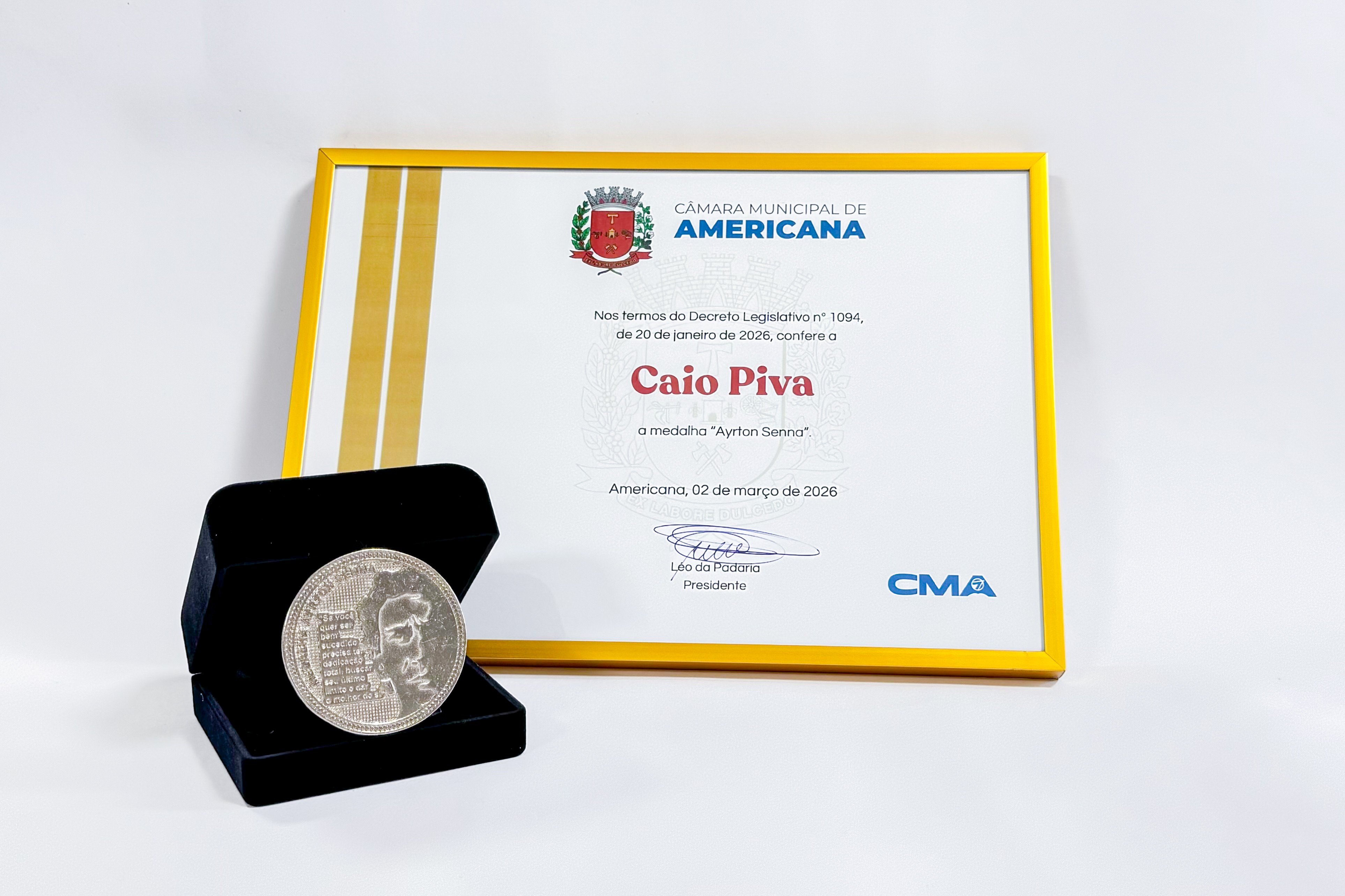 Câmara entrega medalha Ayrton Senna a Caio Piva em sessão solene na segunda (02)