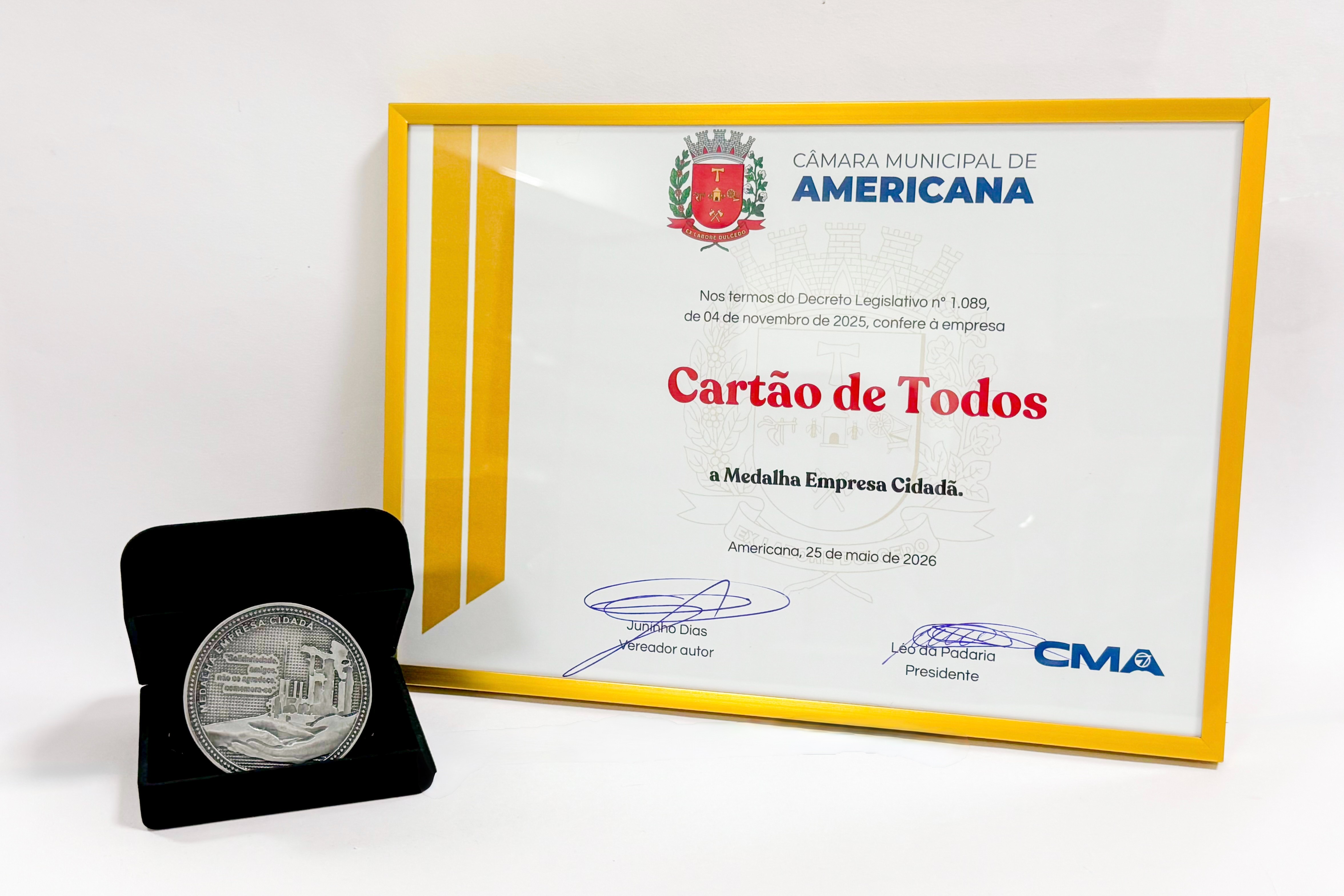 Câmara entrega medalha Empresa Cidadã ao Cartão de Todos em sessão solene na segunda-feira (25)